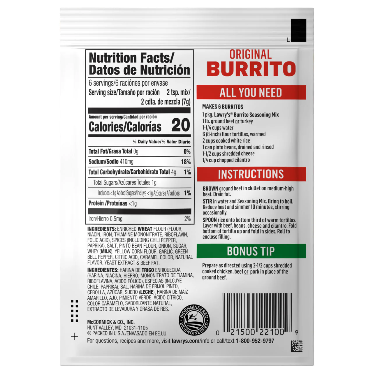 Lawry's® Burrito Seasoning Mix, 1.5 oz (6-Pack) - Image 9