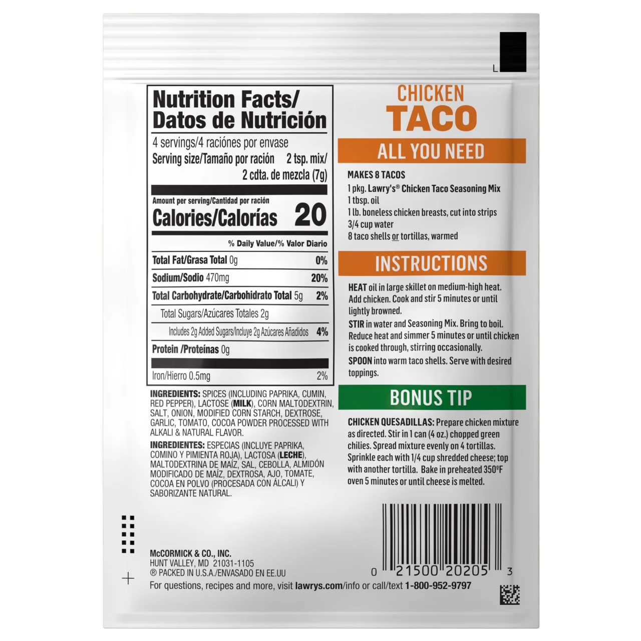 Lawry's® Chicken Taco Spices & Seasonings, 1 oz (6-Pack) - Image 8