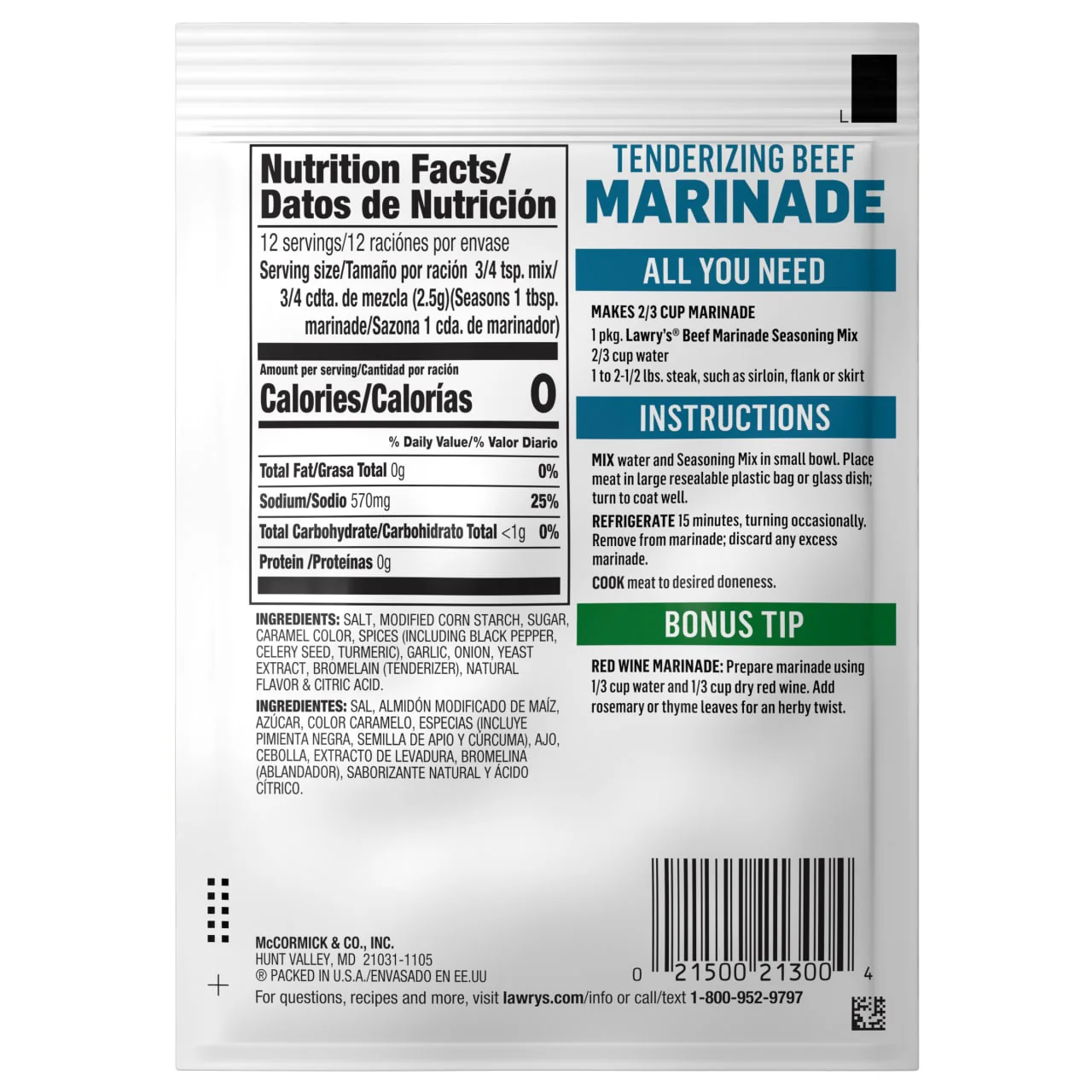 Lawry's® Tenderizing Beef Marinade Spices & Seasonings Mix, 1.06 oz - Image 7