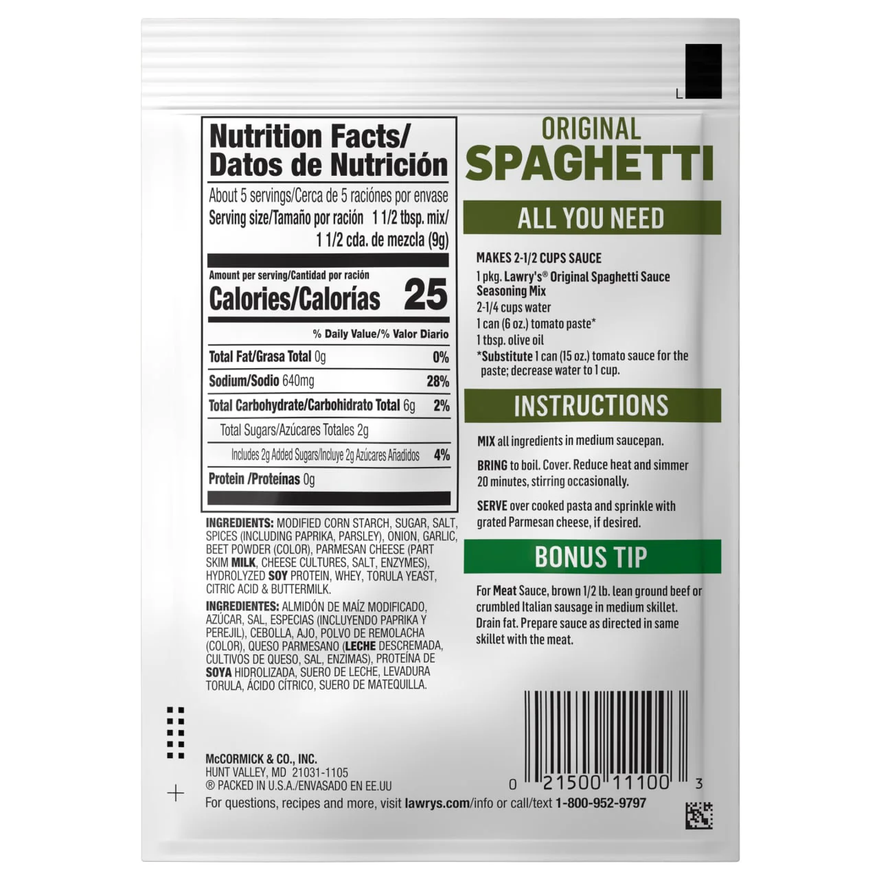 Lawry's® Spaghetti Mix, 1.5 oz (6-Pack) - Image 9