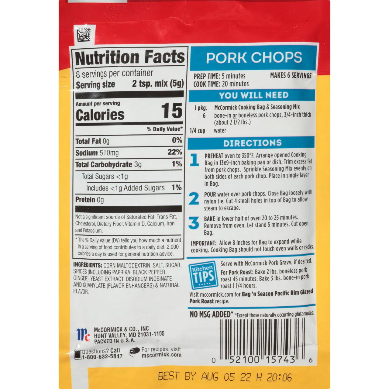 McCormick® Bag 'n Season® Pork Chops Cooking & Seasoning Mix, 1.06 oz (6-Pack) - Image 8
