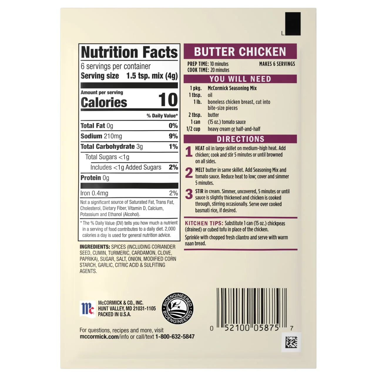 McCormick® Butter Chicken Seasoning Mix, 0.87 oz (6-Pack) - Image 18