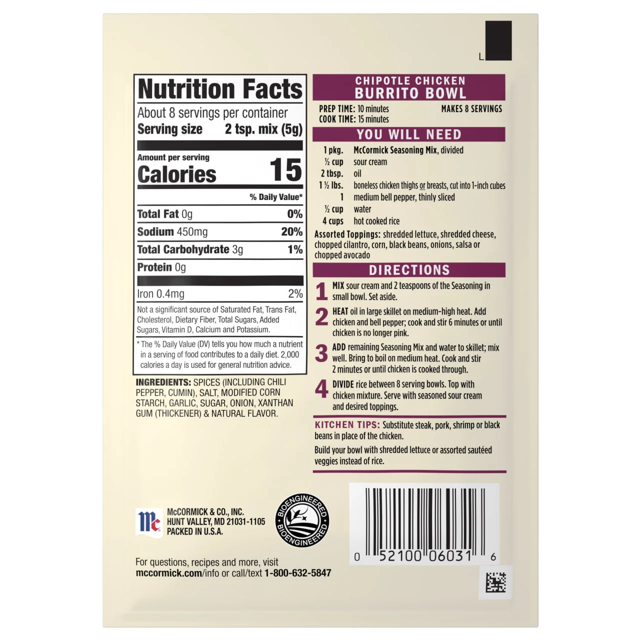 McCormick® Chipotle Chicken Burrito Bowl Seasoning Mix, 1.5 oz (6-Pack) - Image 20