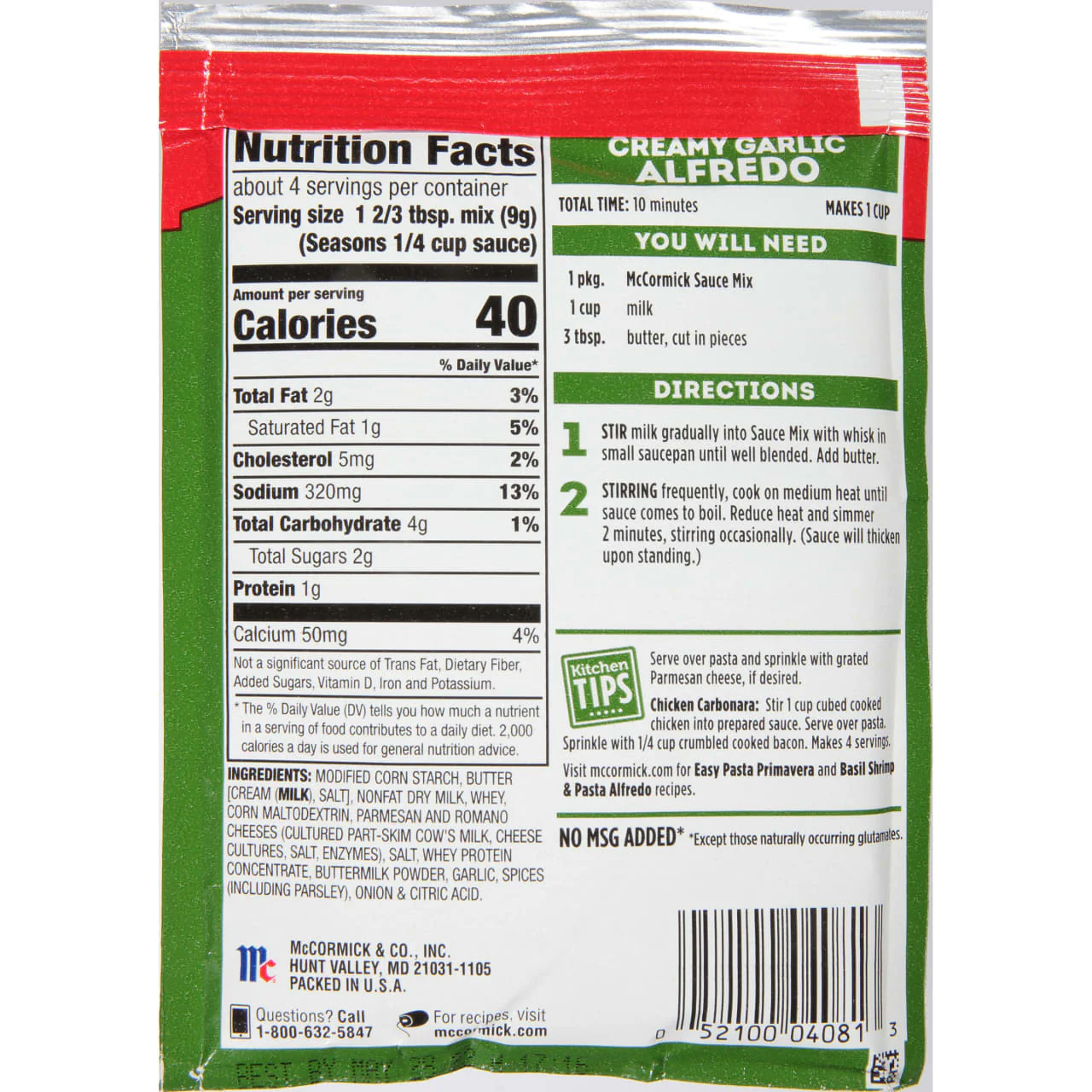 McCormick® Creamy Garlic Alfredo Sauce Mix, 1.25 oz (6-Pack) - Image 12