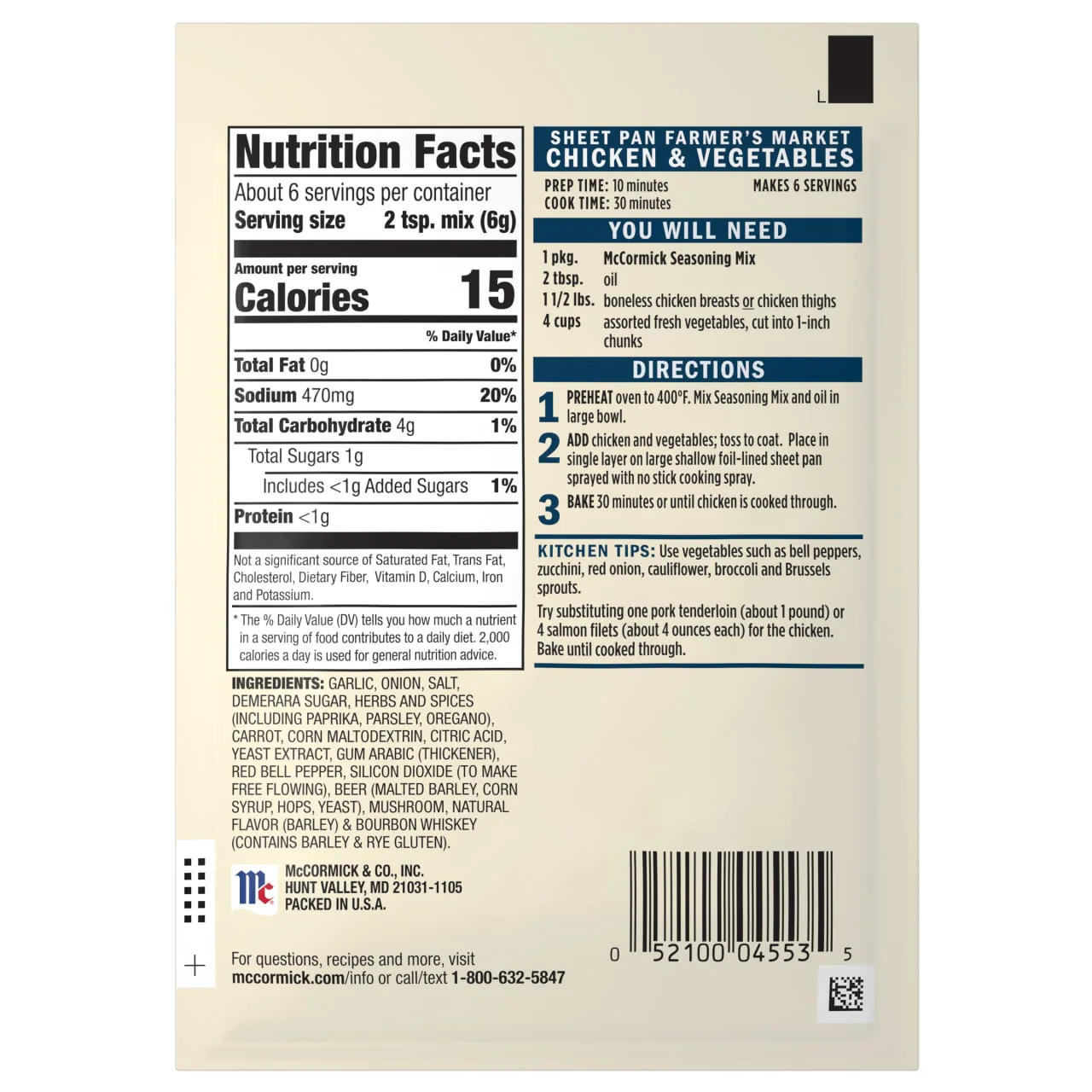 McCormick® Farmer's Market Chicken & Vegetables One Sheet Pan Seasoning Mix, 1.25 oz (6-Pack) - Image 10