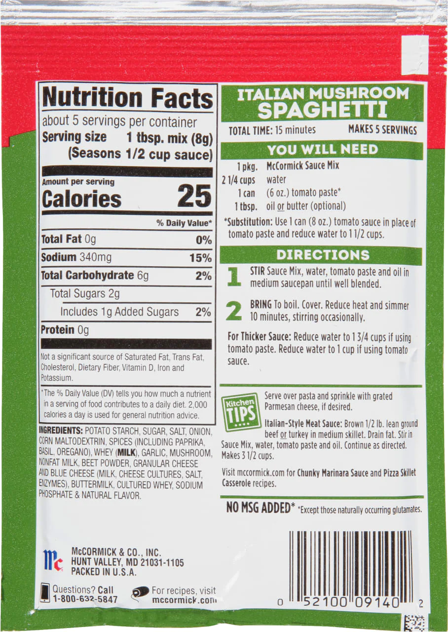 McCormick® Italian Mushroom Spaghetti Sauce Seasoning Mix, 1.5 oz (6-Pack) - Image 8