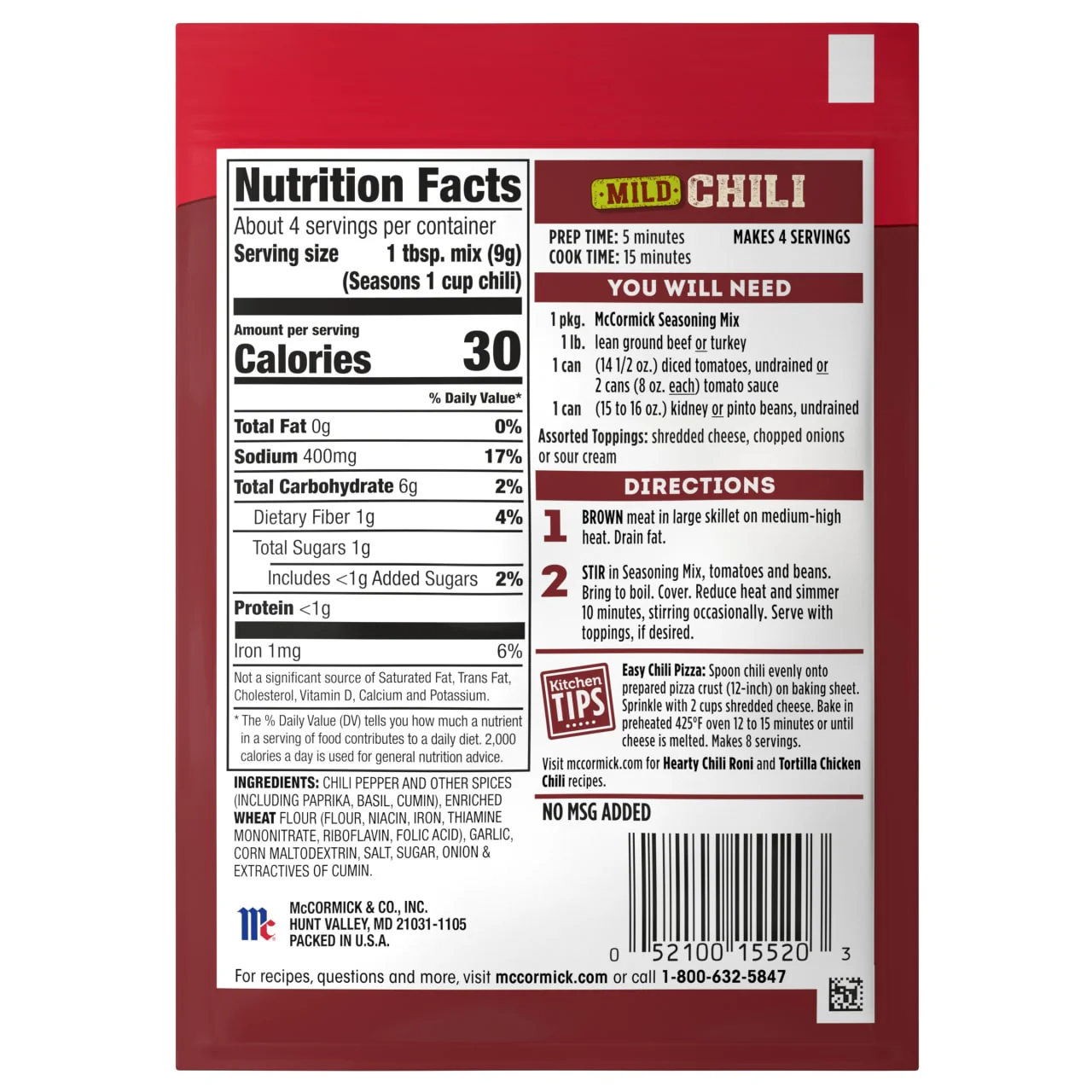 McCormick® Mild Chili Seasoning Mix, 1.25 oz (6-Pack) - Image 21