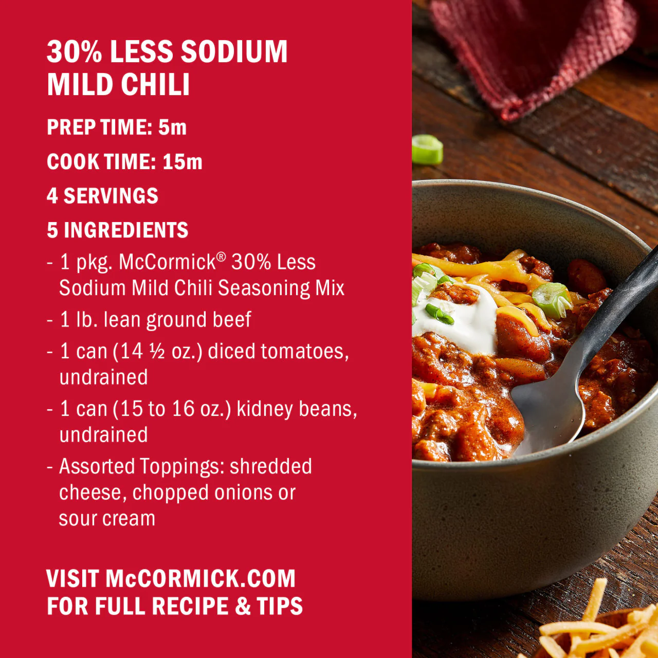 McCormick® 30% Less Sodium Chili Mild Seasoning Mix, 1.25 oz - Image 7