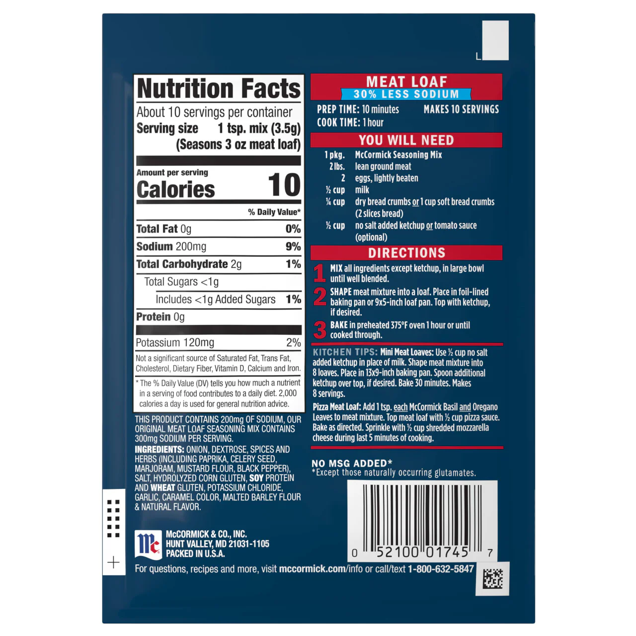 McCormick® 30% Less Sodium Meat Loaf Seasoning Mix, 1.25 oz (6-Pack) - Image 8