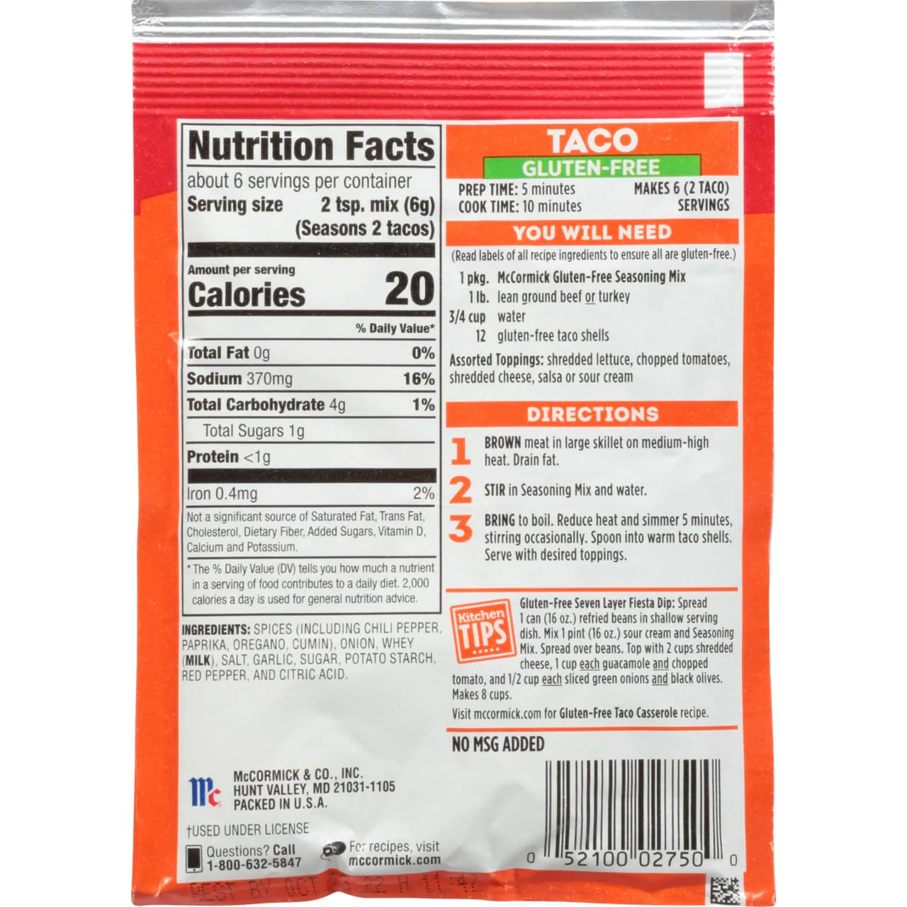 McCormick® Gluten Free Taco Seasoning Mix, 1.25 oz (6-Pack) - Image 18