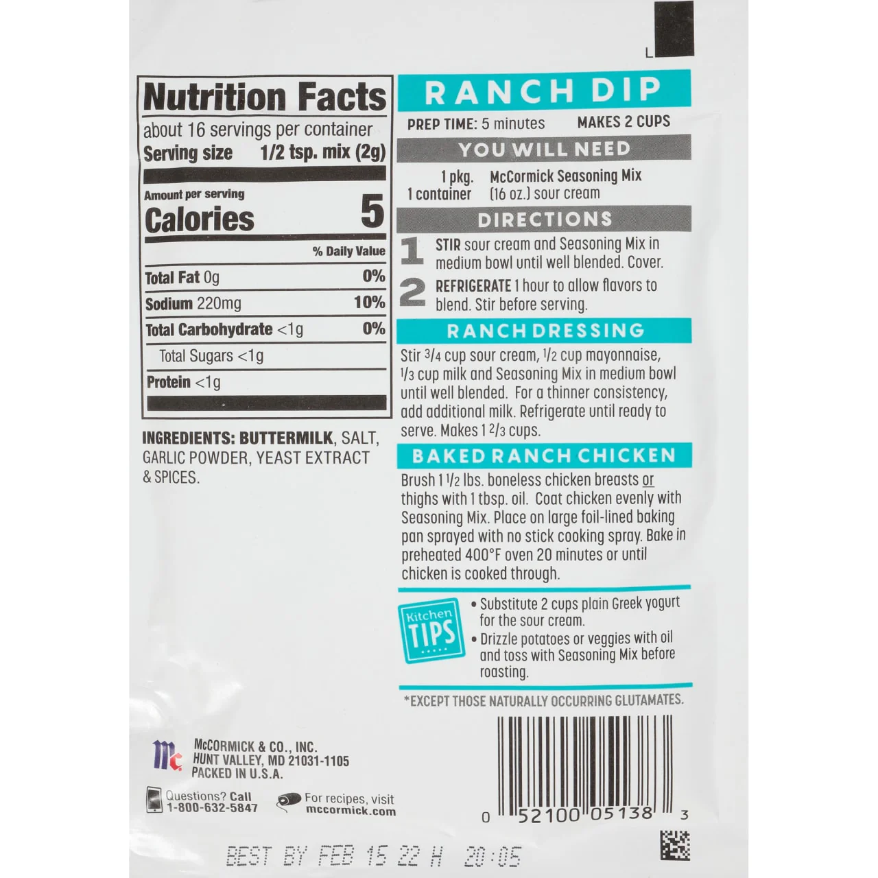 McCormick® Homestyle Ranch Dip, Dressing & Seasoning Mix, 1.25 oz (6-Pack) - Image 7