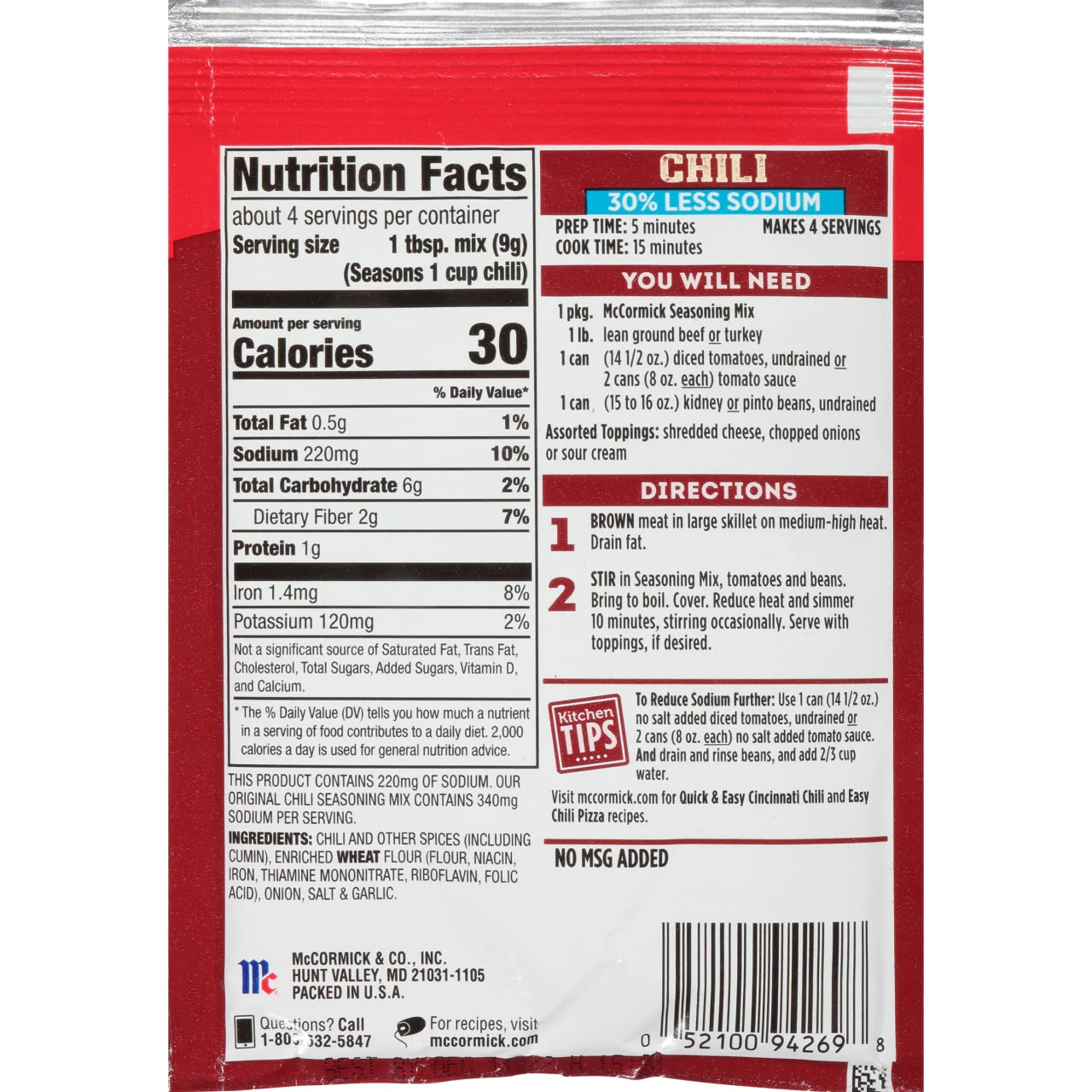 McCormick® Less Sodium Chili Seasoning Mix, 1.25 oz - Image 14