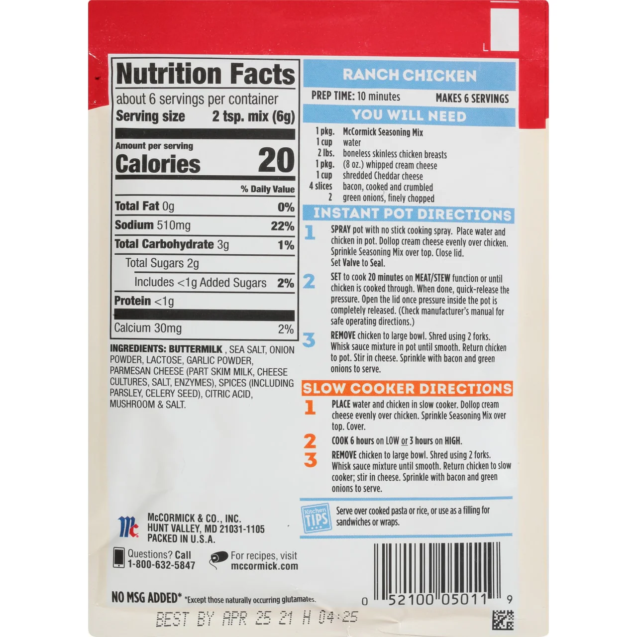 McCormick® Ranch Chicken Instant Pot Seasoning Mix, 1.25 oz - Image 8
