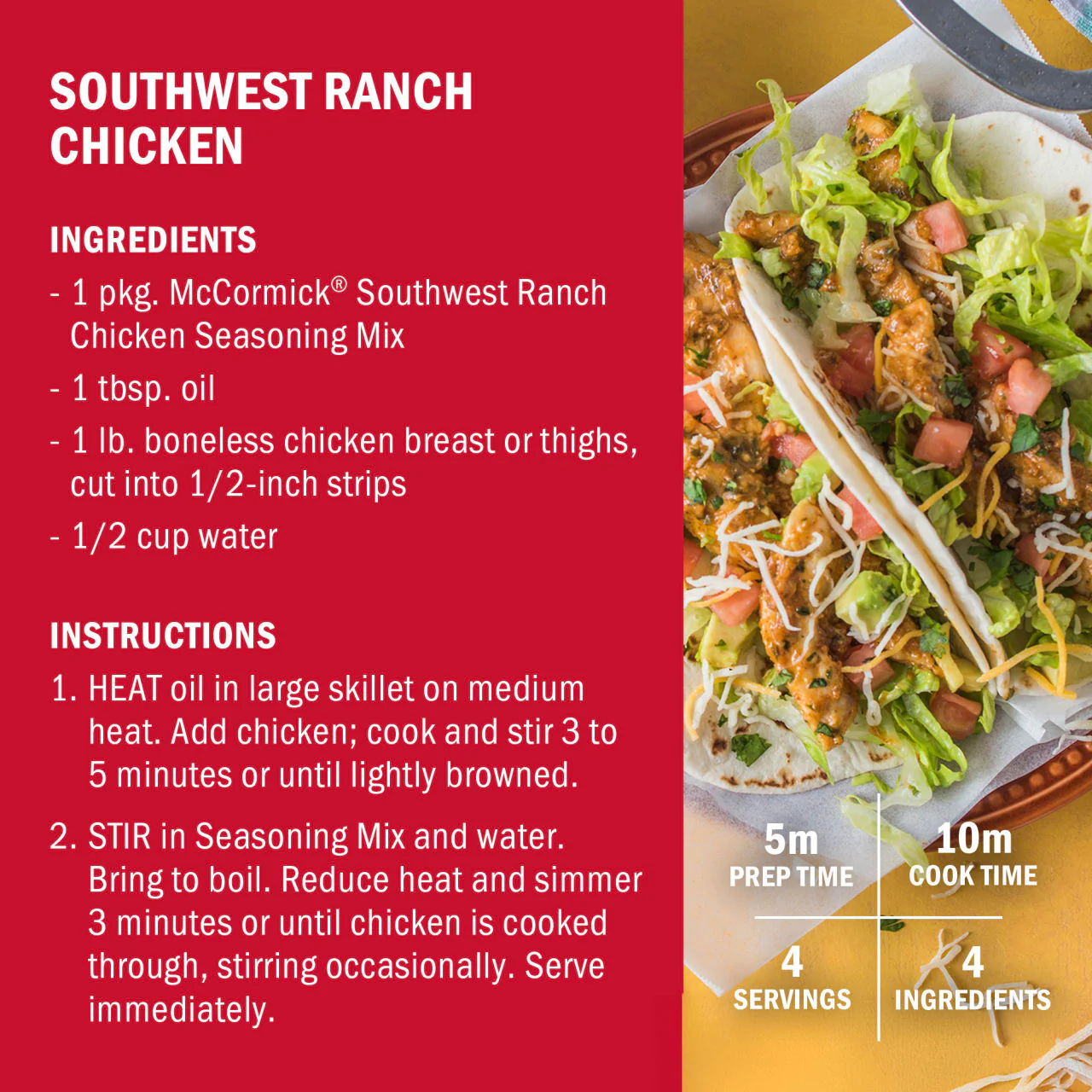 McCormick® Street Taco Southwest Ranch Chicken Seasoning Mix, 0.87 oz (6-Pack) - Image 6