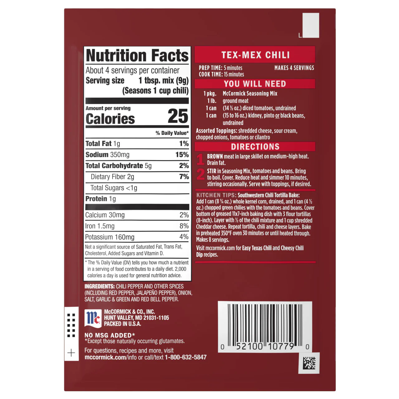 McCormick® Tex-Mex Chili Seasoning Mix, 1.25 oz (6-Pack) - Image 9