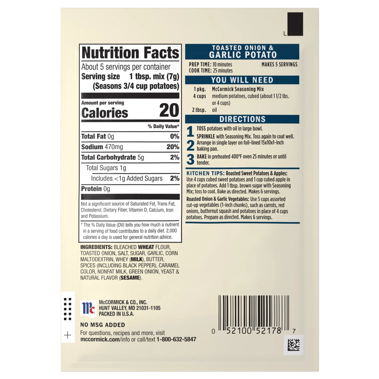 McCormick® Toasted Onion & Garlic Potato Seasoning, 1.25 oz (6-Pack) - Image 8